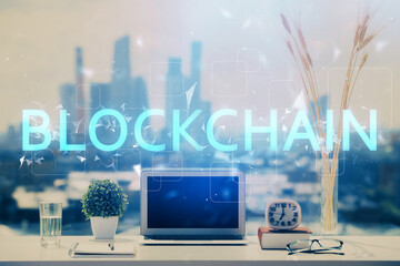 Poster - Double exposure of blockchain and crypto economy theme hologram and table with computer background. Concept of bitcoin cryptocurrency.