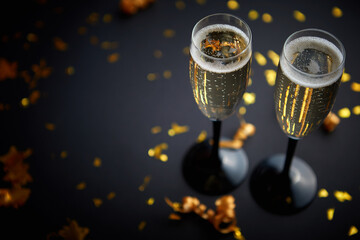 Two glasses full of sparkling champagne wine with golden decoration