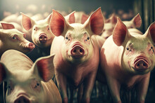 Large Herd Of Domestic Pigs On Pig Farm For Agricultural Industry