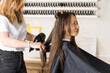 © Виктория Попова - The hairdresser dries the client's hair with a hair dryer and styles her hair with a comb.