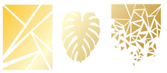 collection of modern simple abstractions with geometric shapes (triangles) and monstera leaf in gold on white background