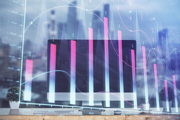 Poster - Stock market graph and table with computer background. Double exposure. Concept of financial analysis.