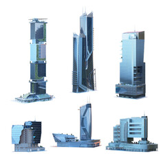 Skyscrapers, business towers, office, residential and commercial tall buildings set. Modern eco cityscape 3D render design elements. Future smart city megapolis town skyscraper icons isolated on white