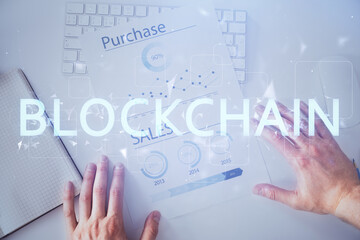 Aufkleber - Man's hands working with notes background. Cryptocurrency and finance concept.