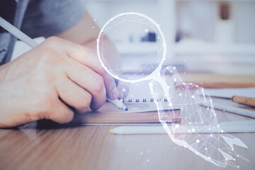 Poster - Creative start up concept hologram multi exposure with human hand background.