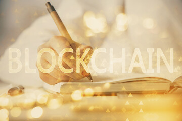 Aufkleber - Cryptocurrency hologram over woman's hands writing background. Concept of blockchain. Double exposure
