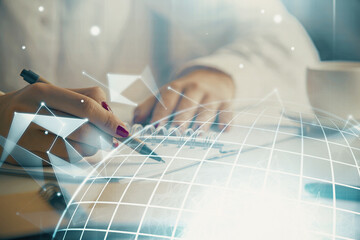 Poster - Multi exposure of hands making notes with world map hologram and data theme icons. Concept of global data.