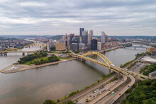 Fort Pitt Bridge In Pittsburgh, Pennsylvania. Monongahela River And Cityscape In Background