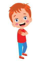 Sticker - Cartoon cute boy stands in a confident pose, arms crossed over his chest. Colorful vector isolated kids illustration.