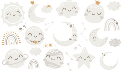 Wall Mural - Cute vector set. Sleeping planets. Sun, flax, uranium, Pluto, stars and other planets, rainbow. Cute children's illustrations.