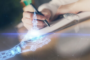 Poster - Start up creative drawing over close up hands on background. Concept of brainstorming. Multi exposure