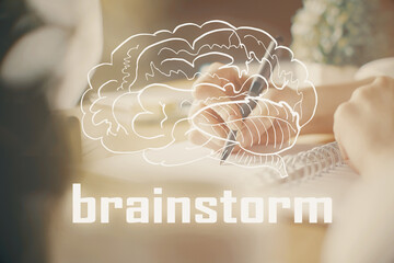 Poster - Start up creative drawing over close up hands on background. Concept of brainstorming. Multi exposure