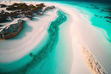 Poster - Aerial shot of a deserted white sand beach and crystal clear blue water at sunset. Africa's Zanzibar during the summer. White beach and blue sea characterize the tropical scenery. Ocean. looking up. N