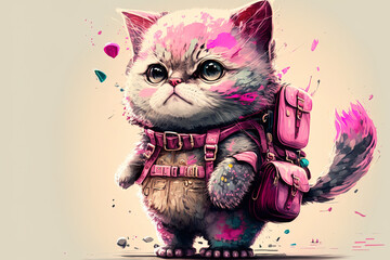 Wall Mural - charming cartoon cat with a pink backpack. Generative AI