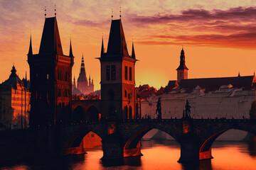Wall Mural - Czech Republic's Charles Bridge and Old Town Bridge Tower in a classic sunset view of Prague's Vltava River. Generative AI