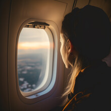 Woman Looking Out The Window Of An Airplane. Concept Of Traveling And Flying By Plane. Generative AI.