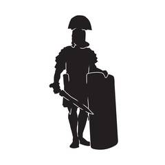 Wall Mural - Silhouette of male medieval warrior with a weapon in hand. Isolate on a white background. Vector illustration