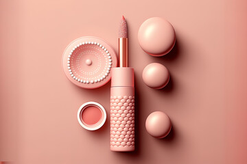 Lipstick and applicator wand on pastel pink background. Liquid lip stick open tube. Makeup cosmetic product. Top view, flat lay 3d illustration stock photo. Generative AI