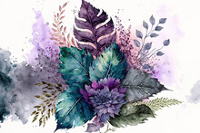 Purple Floral Arrangement Botanical Flower. Lone Wild Spring Leaf Illustration In Watercolor. Aquarelle, A Watercolor Painting Style. Uniform Backdrop Design. Textured Fabric Wallpaper. Generative AI