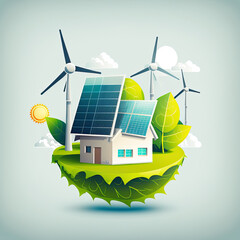 Wall Mural - renewable energy background with wind turbines and solar panels with sun . generative ai