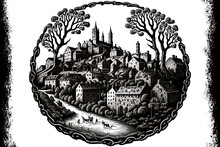 An Illustration Or Map Design Element Depicting Ancient Medieval Town, City, Or Hamlet Structures In The Manner Of A Vintage Engraved Woodcut. Generative AI