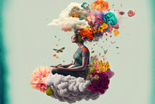 Woman Meditating With Colourful Nature Energy Appearing In Her Mind. Generative AI, This Image Is Not Based On Any Original Image, Character Or Person.
