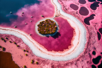 Wall Mural - aerial picture of Senegal's Lac Rose or Pink Lake Retba Drone taken aerial photo. African Natural Scenery. Generative AI