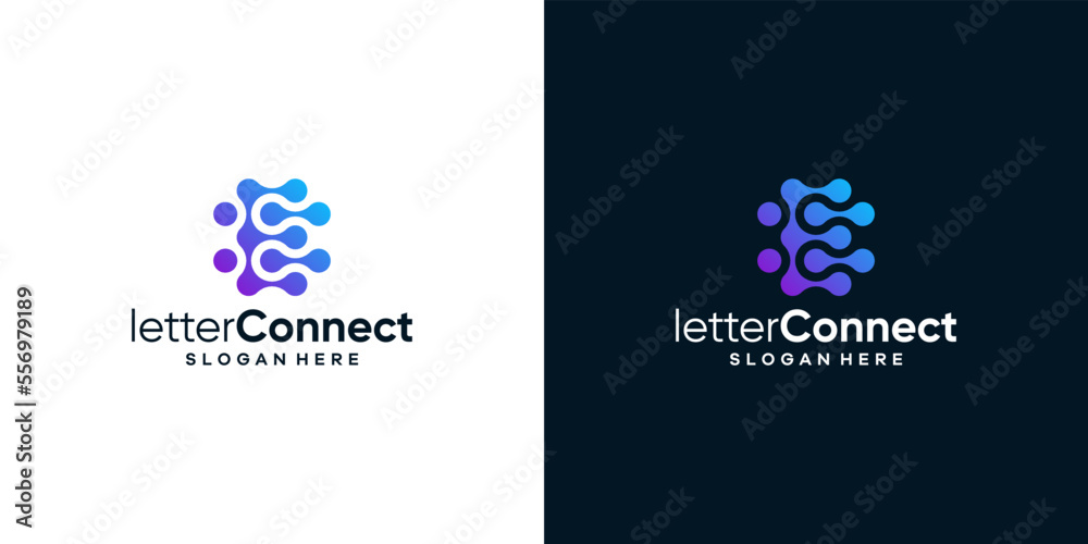 Initial letter E logo design template with tech style and gradient ...