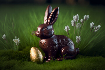 chocolate rabbit with easter eggs in the grass, created by a neural network, Generative AI technology