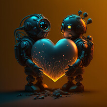 Generative AI Cosmonauts Holding Hearts Against Brown Background