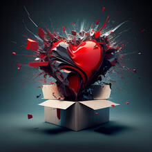 Generative AI Explosion Of Red Heart Over Carton Box