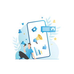 	Man with loudspeaker is engaged in SEO, SMM promotion of accounts, cheating likes, comments, reviews on social networks, websites, applications. Guy analyzes graph for PR work in Internet.