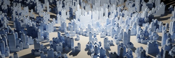 Wall Mural - View of high buildings made of plastic blocks. Abstract city landscape 3d render illustration.