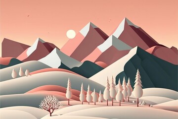 Wall Mural - 4K resolution or higher, Vector graphic Minimal Italian landscape, snow, Christmas, mountain, minimalistic design. Generative AI Technology