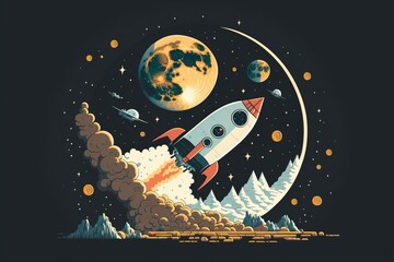 4k resolution or higher, a flat vector art,rocket to the moon. generative ai technology