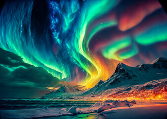 Wall Mural - abstract illustration of northern lights in the sky, mountains, lake