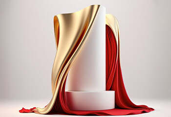 white podium in the form of a cylinder covered with yellow fabric with red shadows