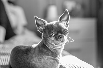 Aufkleber - A close-up image shows a cute chihuahua puppy of a domestic mammal breed lying relaxing on a bed. Pets are resting, sleeping. A touching and emotional portrait. Dog ears, eyes and muzzles