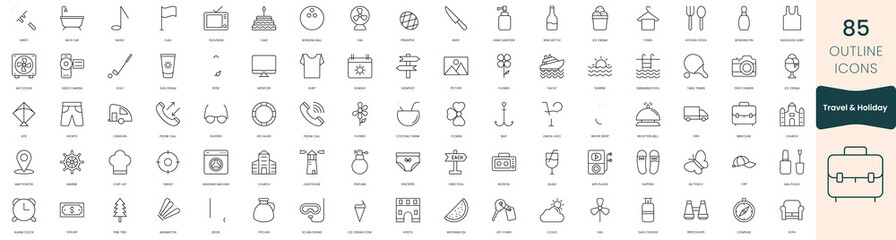 Set of travel and holiday icons. Thin outline icons pack. Vector illustration