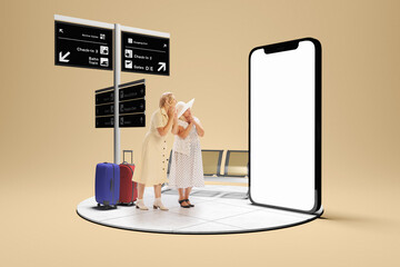 two senior women, ladies travelling together, looking on huge 3d model of phone screen, buying ticke