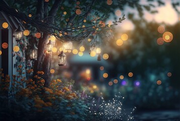 Wall Mural - illustration abstract background of glitter glow fairy lights, string lights with bokeh with flower	
