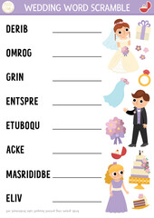 Wall Mural - Vector wedding word scramble activity page. English language game with bride and groom for kids. Marriage ceremony family quiz with bridesmaid, ring, cake. Educational printable worksheet..