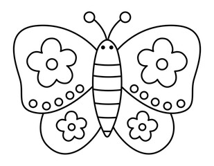 Wall Mural - Vector black and white cute decorated butterfly with flowers. Cute line wedding insect. Funny animal clipart element or coloring page.