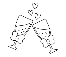 Wall Mural - Vector black and white wedding clinking glasses with bow and sparkling drink. Cute marriage symbol clipart element for bride, groom. Just married couple banquet decoration or coloring page.