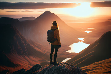 female hiker stands at the summit of a difficult mountain climb to be greeted with a beautiful view 