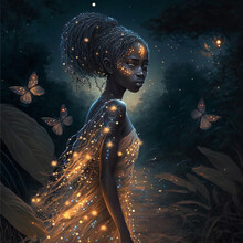 A Mermaid Girl With Dark Skin Surrounded By Luminous Butterflies In The Forest Wallpaper, A Surreal Expressionist Painting Suitable For Walls - Digital Painting