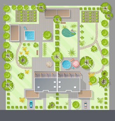 Wall Mural - Landscape design plan top view with house, courtyard, lawn and garage. Highly detailed plan of country with modern duplex cottage, garden, pond, trees, pool. Vector Cityscape, Map of town, village