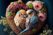 Zwei unzertrennliche bunte Papageien in einem Herzen aus Blumen, Generative AI 