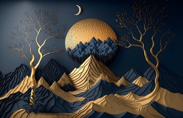 3d modern art mural wallpaper with dark blue background. golden tree and mountains, golden moon. dar