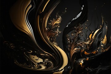 Poster - a black and gold abstract background with swirls and curves of paint on it's surface., generative ai